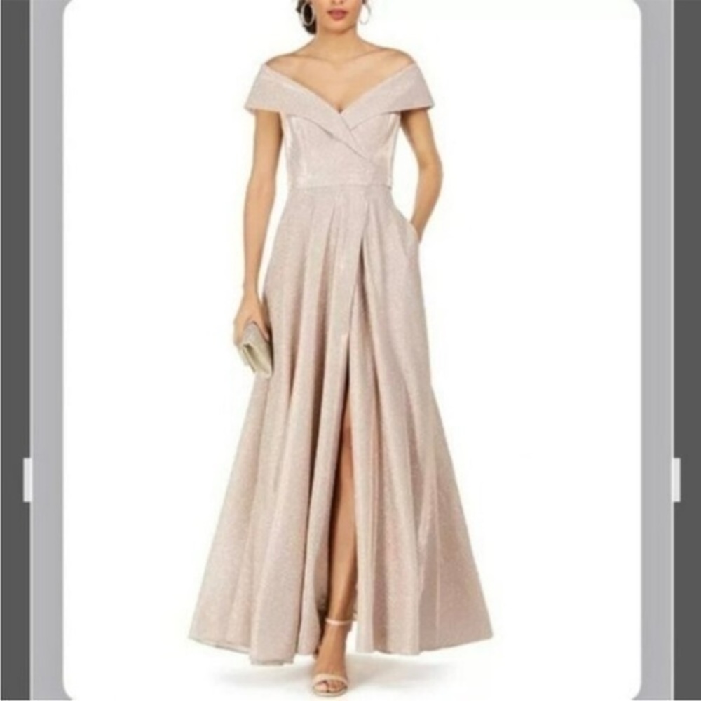 XSCAPE Off-The-Shoulder Shimmer Wrap Style Gown in Blush Pink/Silver Size 2